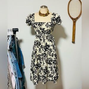 Lord & Taylor Black and Cream Floral Midi Dress